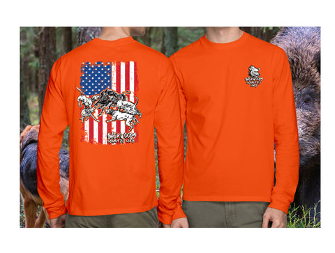 Men's Long Sleeved Backwoods Country Life American Flag Boar T-Shirt Safety Orange / 3XL / Boar