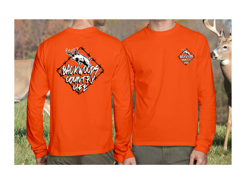 Men's Long Sleeved Backwoods Country Life Deer with Barbed Wire T-Shirt